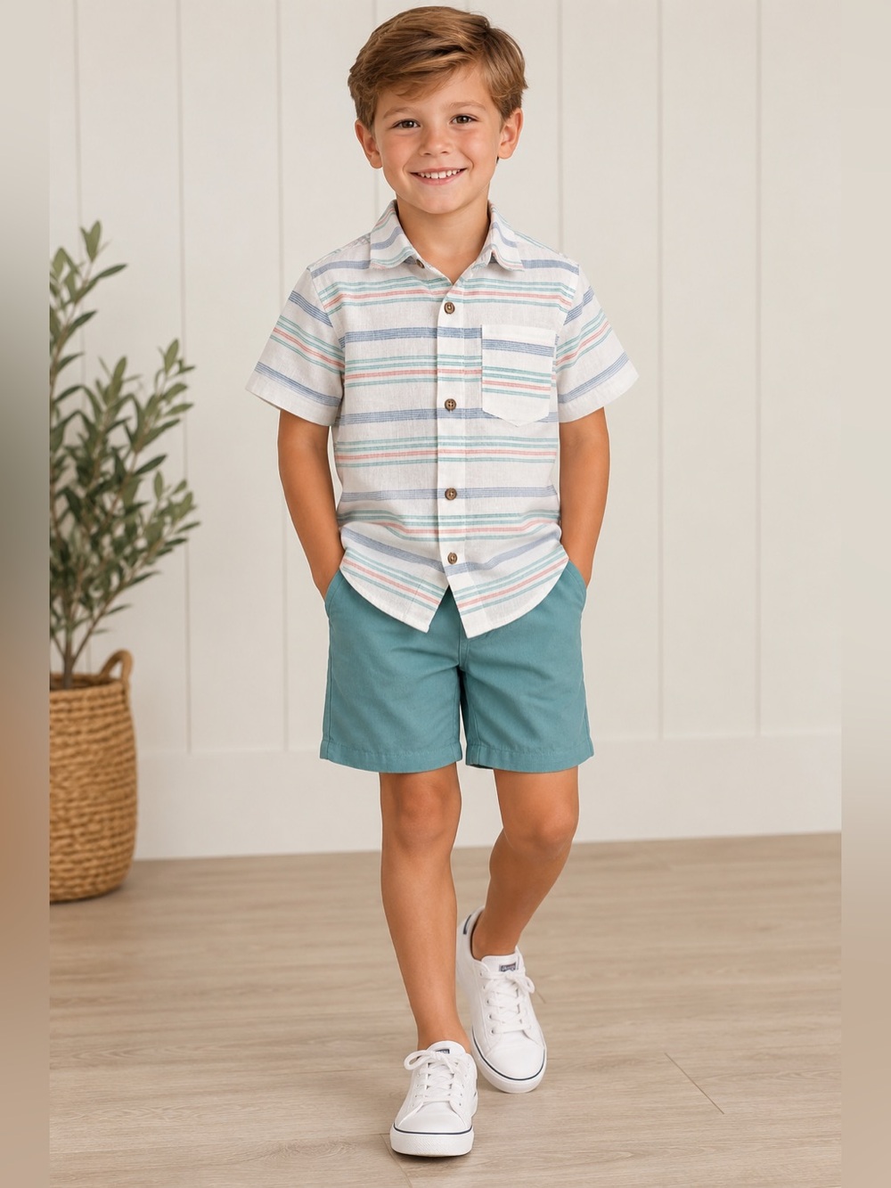 Eddie Bauer Boys 2 Pc Outfit Set Size 6 Striped Button Down Teal Shorts